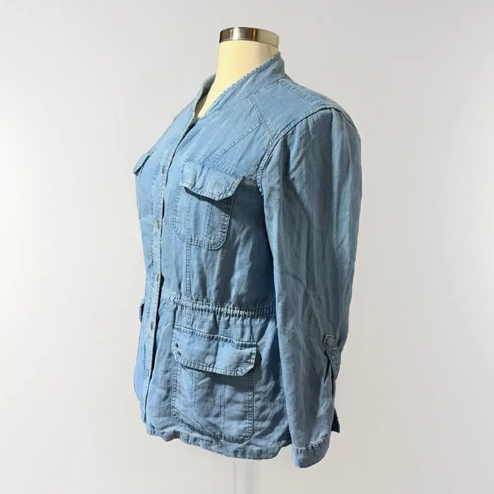 Style & Co Utility Jacket Roll Tab Sleeves Women’s Size XL Blue Chambray - Picture 2 of 9